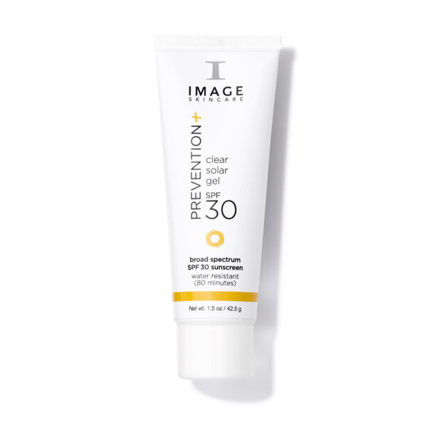 Das Image Skincare PREVENTION+ Clear Solar Gel SPF30 -leichtes, nicht fettendes Sonnenschutzgel, das mit breitem Spektrum UV-Schutz bietet und die Haut vor schädlichen Sonnenstrahlen schützt.